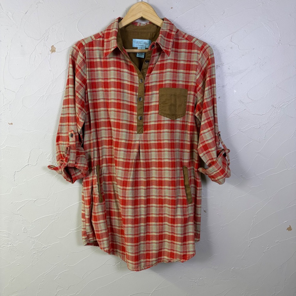 Tasha Polizzi Plaid Tunic Shirt Women Small Red Faux Suede Trim Western Boho